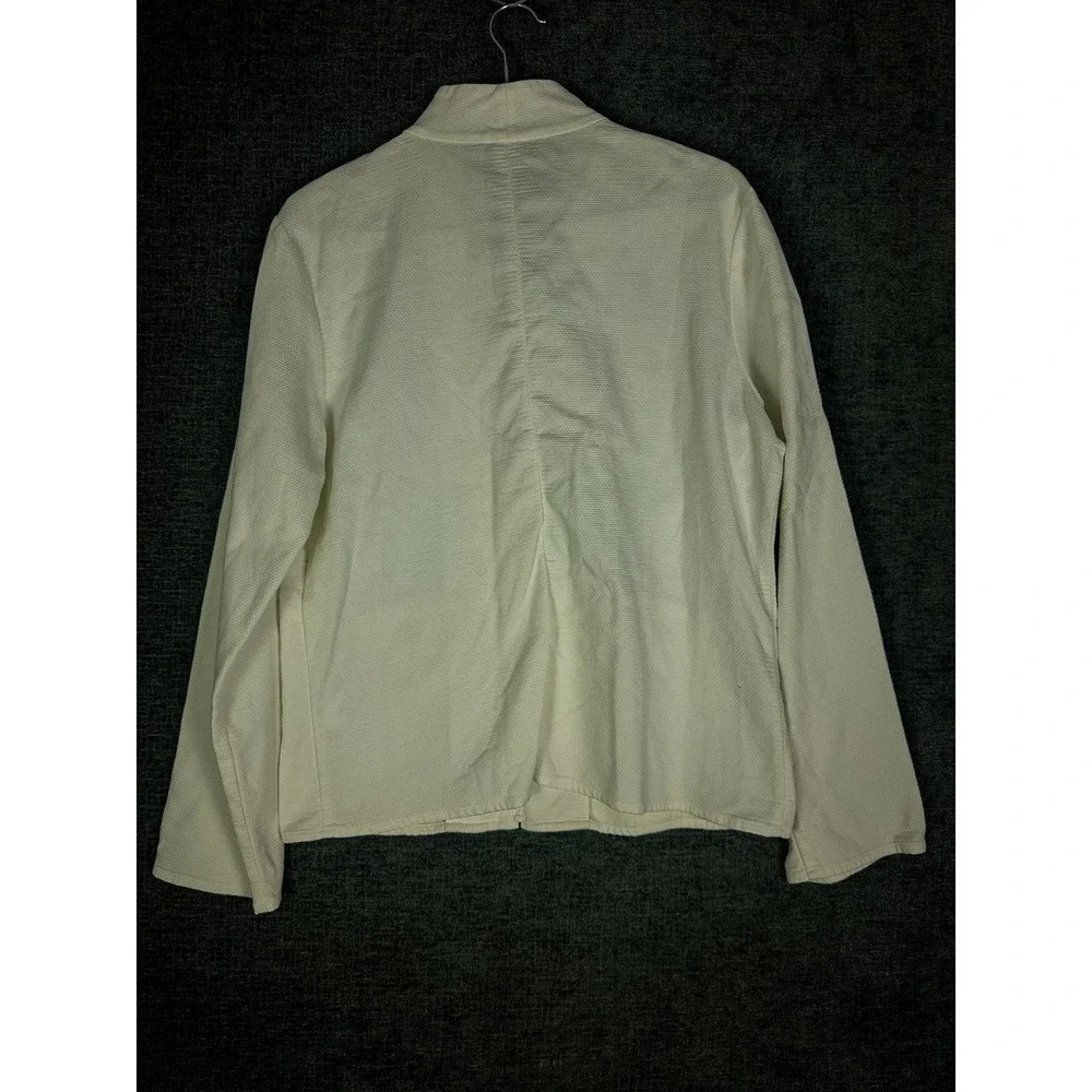 Eileen Fisher Zip-Up Mock Neck Jacket Womens M‎ Cream Cotton Textured Stretch